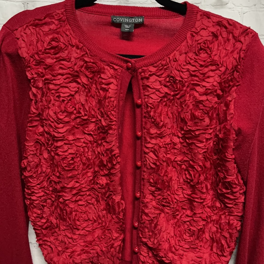 Covington Red Floral Button Down Sweater Medium